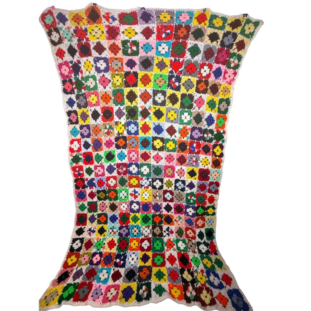 Vintage Handmade Crochet Granny Square Throw Blanket Multi-Color Floral 37x68